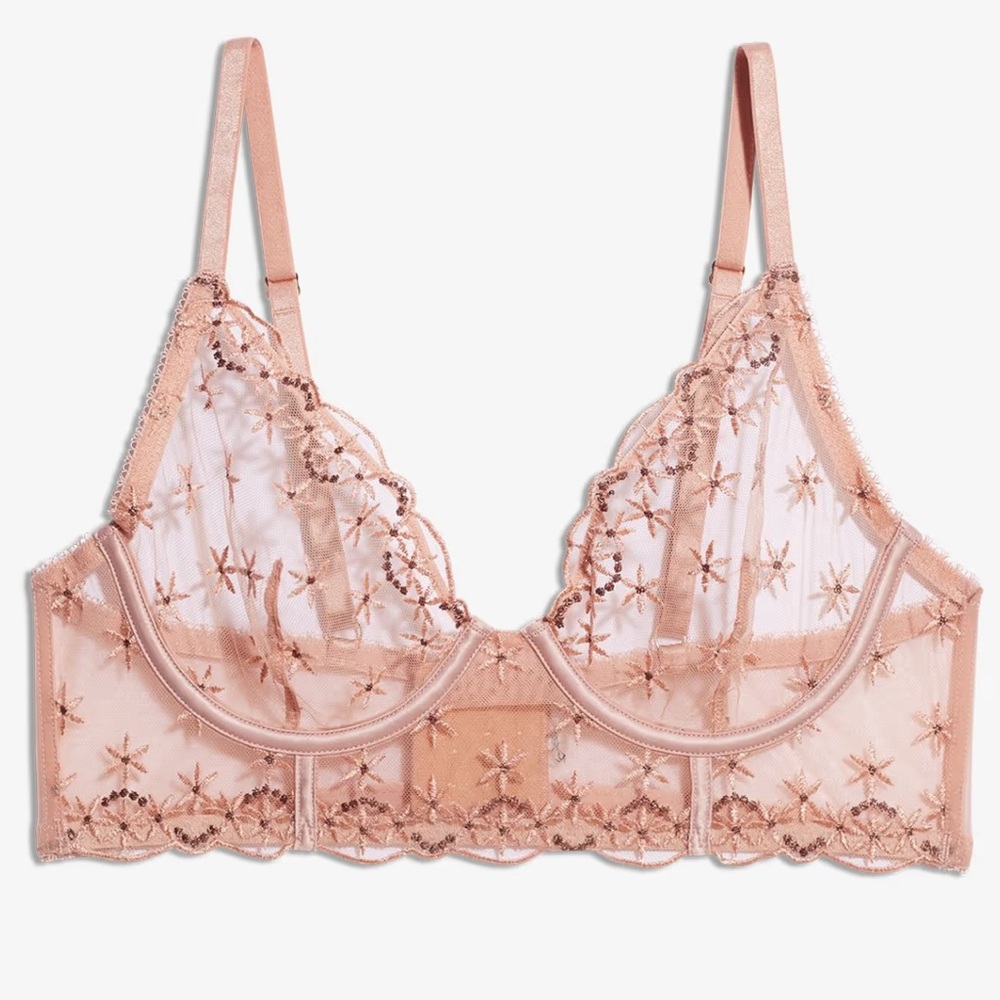 Tan Lace Bra with Sheer Design and Adjustable Straps